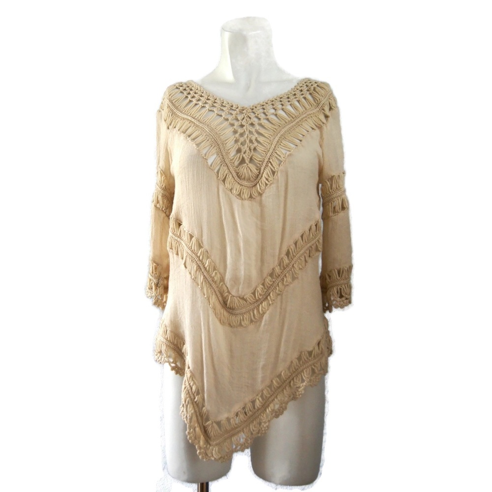 Crochet Tunic Cover-Up Women's S/M Boho Beach Hippie Beige